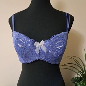 B. Tempt'd By Wacoal Lace Bra 36D Blue Wire Free Feminine Pretty Lingerie Bow